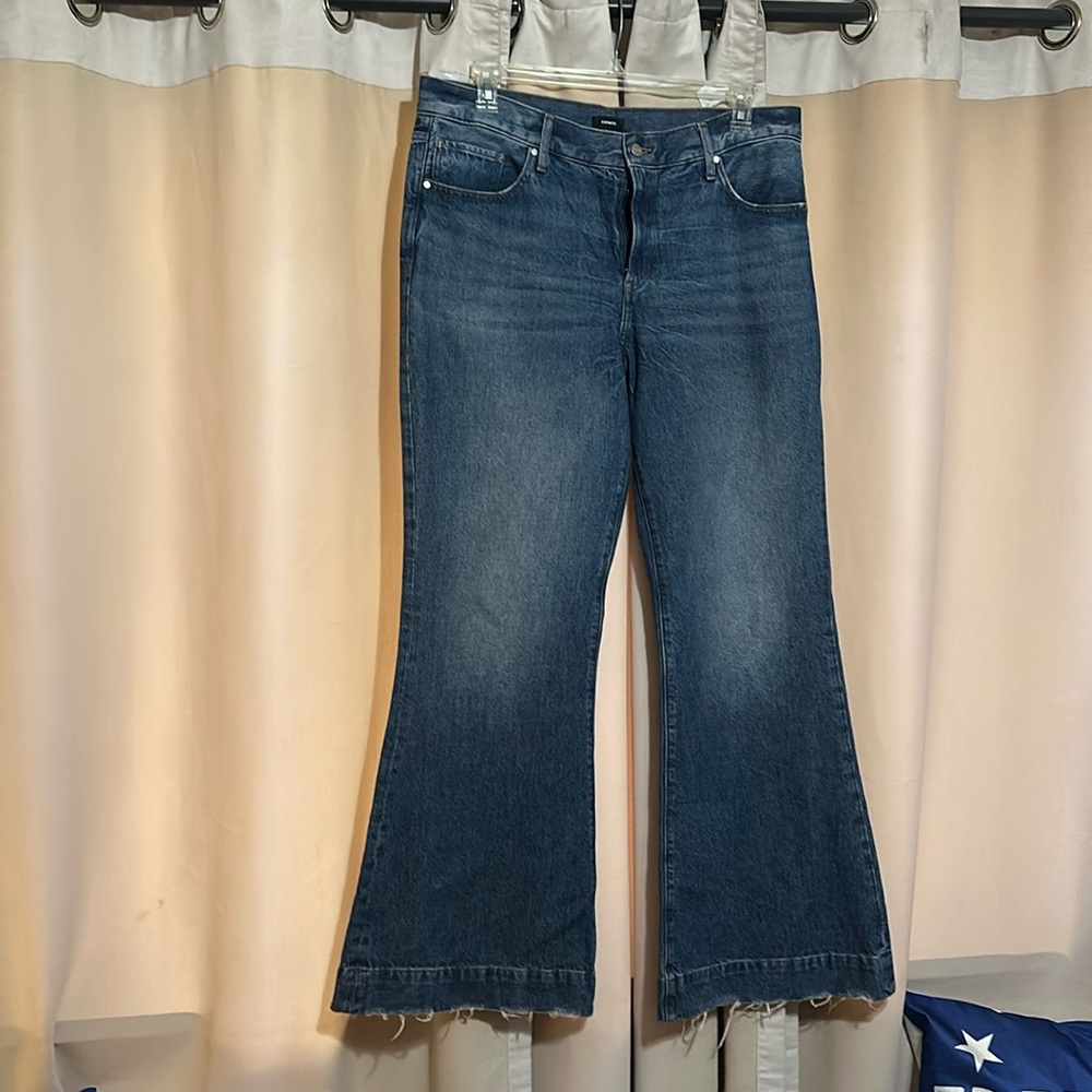 Express Mid Rise Medium Wash Raw Hem '70s Flare Jeans